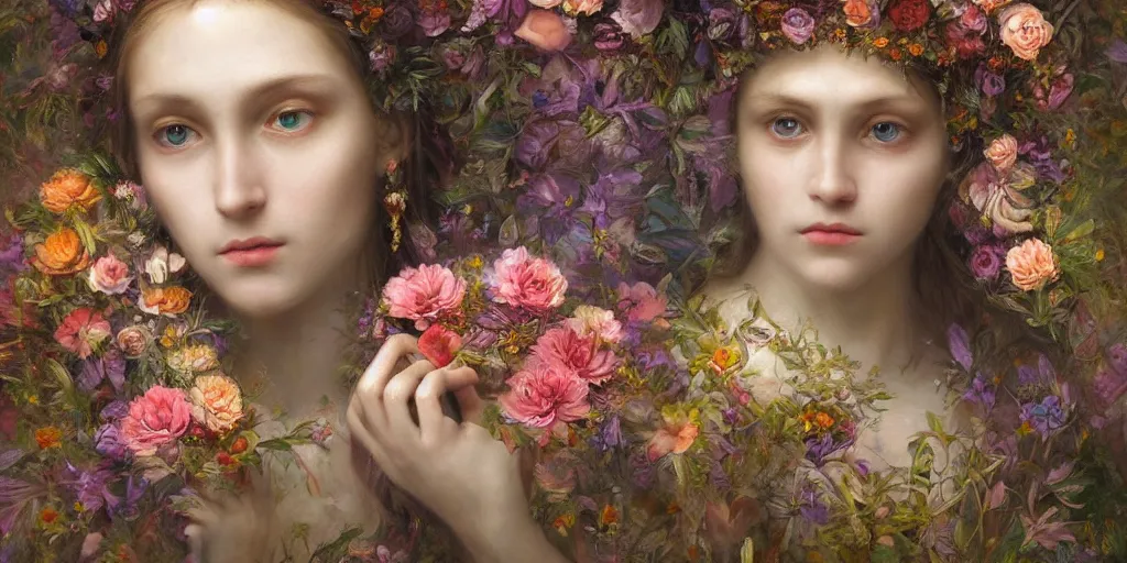Image similar to breathtaking detailed weird concept art painting of few goddesses of flowers, orthodox saint, with anxious, piercing eyes, ornate background, amalgamation of leaves and flowers, by volegov, extremely moody lighting, 8K