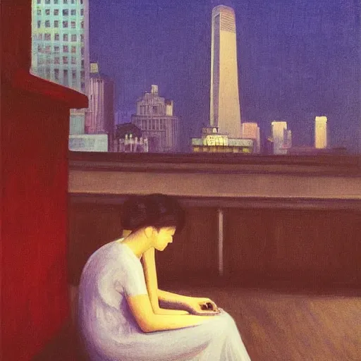 Image similar to a small rooftop with a couple of people sitting and watching the view, modern shanghai bund is on the background, night, by edward hopper, by gregory crewdson