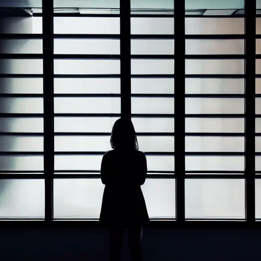 Prompt: woman in front of a window in a dark room outside the window are the lights from skyscrapers, silhouette only