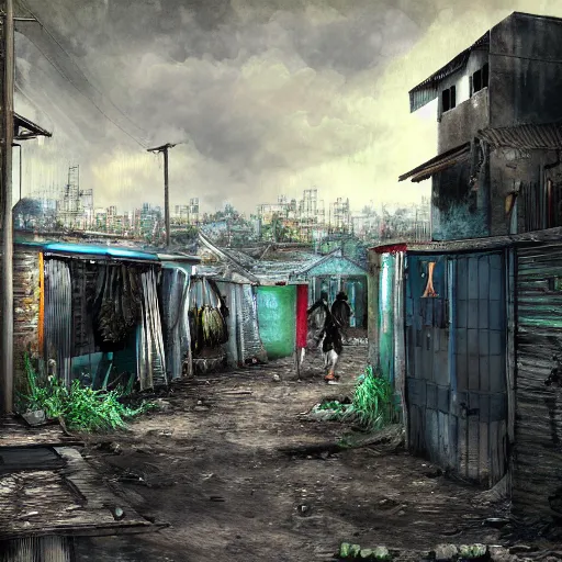 Prompt: the slums just outside the gates to the kingdom of heaven, digital art