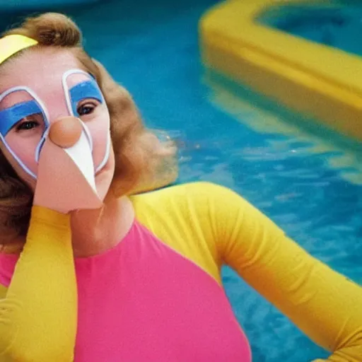 Image similar to a woman wearing a long nose in a swimming pool live-action childrens television show 1974 technicolor