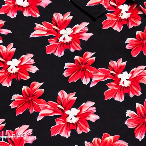 Image similar to aloha shirt black flower on red, photograph, realistic, filmic, cinematic