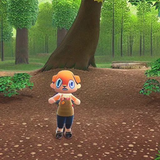 Prompt: a trail cam photo of an Animal Crossing villager in the woods