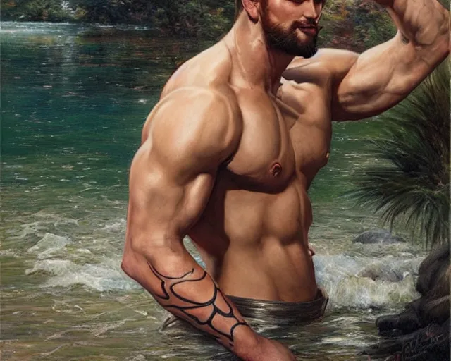 Image similar to handsome tattooed gym bro wades in the river, painting by artgerm, gaston bussiere, craig mullins, j. c. leyendecker, tom of finland