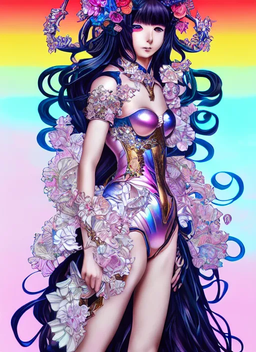 Image similar to highly detailed artgerm artstation manga poster of girl mechine, hajime sorayama, rainbow gradient bloom, long hair, armor, dress, laces, ruffles, 8 k, maximalist, alphonse mucha