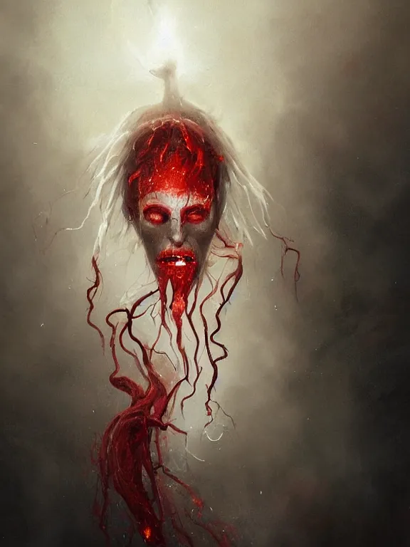 Image similar to painting by greg rutkowski of a flying sorrowful looking human head with tears running down it's eyes, face that is chalk white in color, with long sprawling white tentacles stemming down it's neck, fiery scorching red eyes, flying in a terrying hellish dark cavernous place