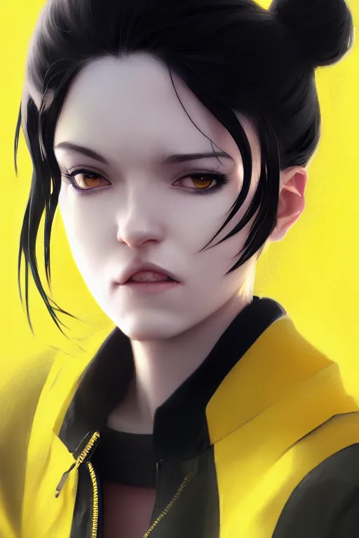 Prompt: black ponytail hair, pale woman in a black unzipped jacket, black shorts, yellow eyes, by artgerm, beautiful render, matte painting, realistic, dynamic angle, wlop, loish, octane render, sharp focus, decadent, by greg rutkowski makoto shinkai