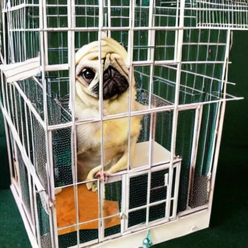 Image similar to a bird cage with a pug parrot hybrid