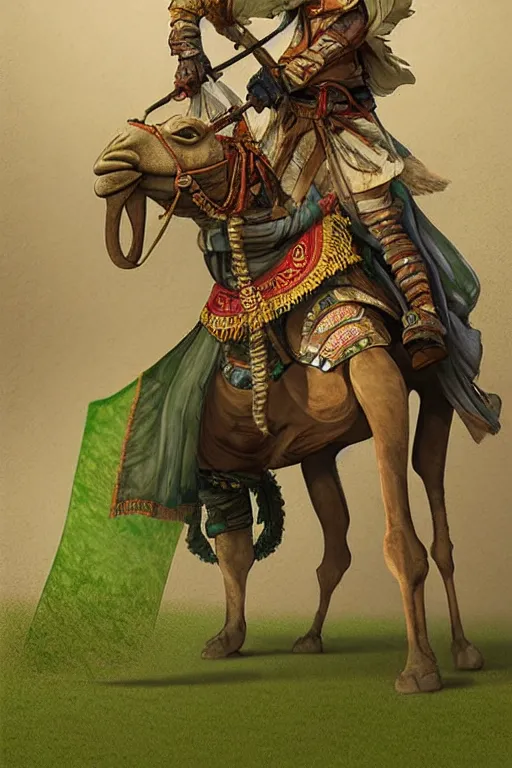 Image similar to a arabian warrior, ride camel he use green turf and flag, realistic, sketch and art by jacqueline e, colored by bo feng lin