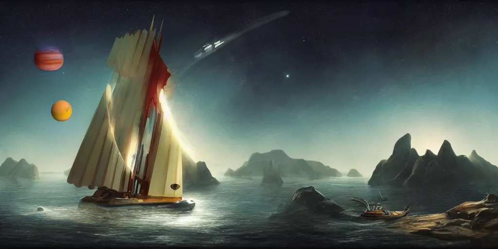 Prompt: a sail powered pirate spaceship sailing through an asteroid belt around in saturns rings saturn can be seen in the background, in the style of hudson river school, trending on art station, colorful, space