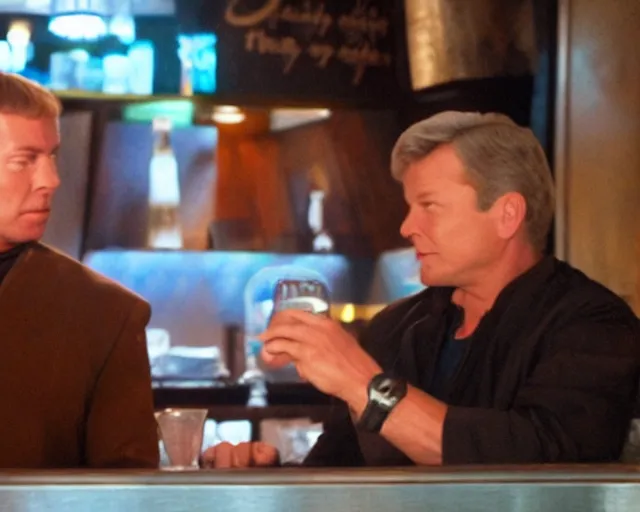 Prompt: captain kirk and doctor mccoy drunk, sitting at the bar, cdx