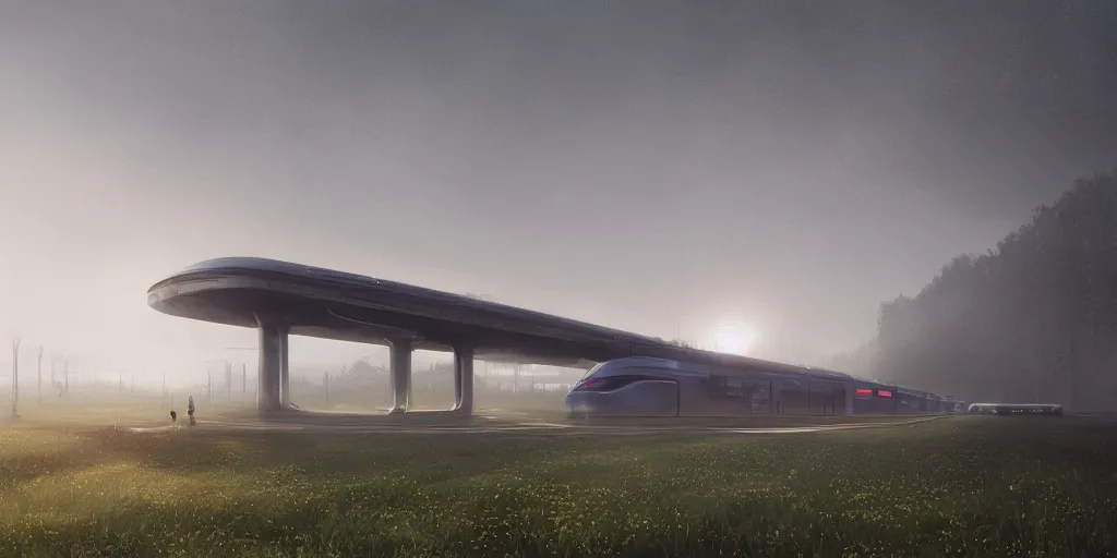 Prompt: landscape with futuristic train station in an empty field. by stalenhag. mist, fog, cyber punk, realistic, 8 k