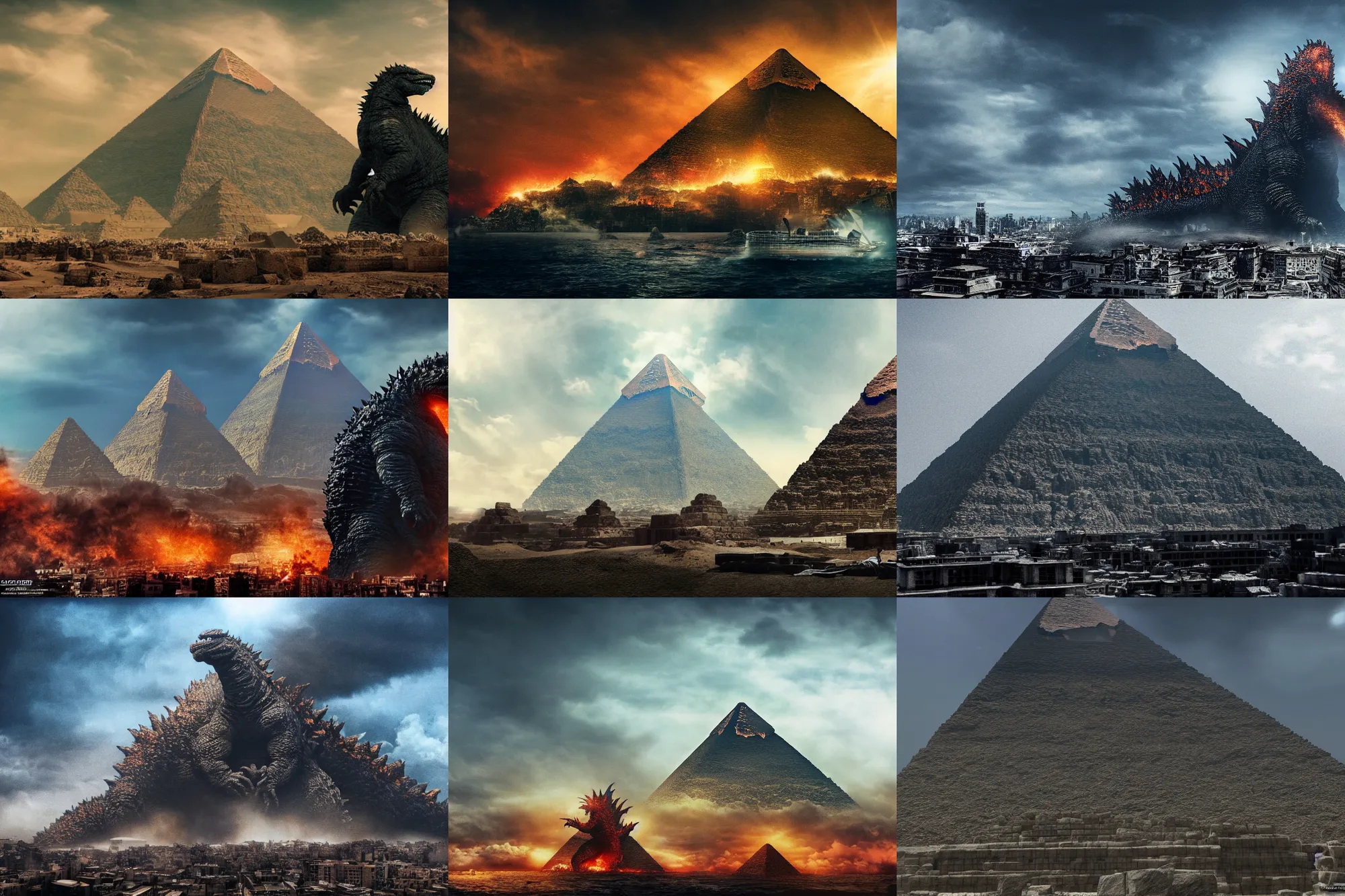 Prompt: wide angle view, godzilla smashes pyramid giza, photorealistic, insanely detailed, daylight, tele photo lens, 8 k