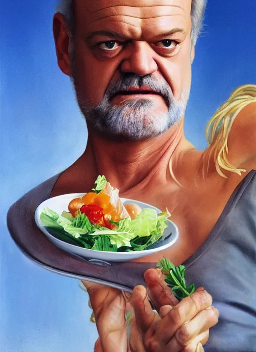 Prompt: ultrawide angle colour portrait masterpiece photography of kelsey grammer holding a tossed salad full body shot by annie leibovitz michael cheval miho hirano moebius josh kirb