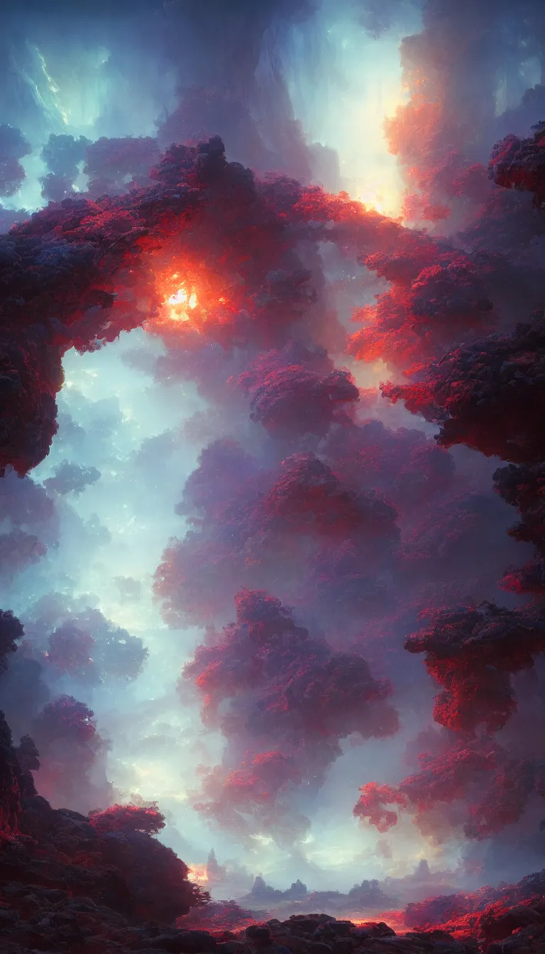 Image similar to luscious fibrous world made of mystical magical energy colorized as blue, red, and purple, illustrated by Greg Rutkowski and Gaston Bussiere, loquacious lighting, volumetric lighting, beautiful photography, landscape imagery, Trending on artstation, 4k, 8k.