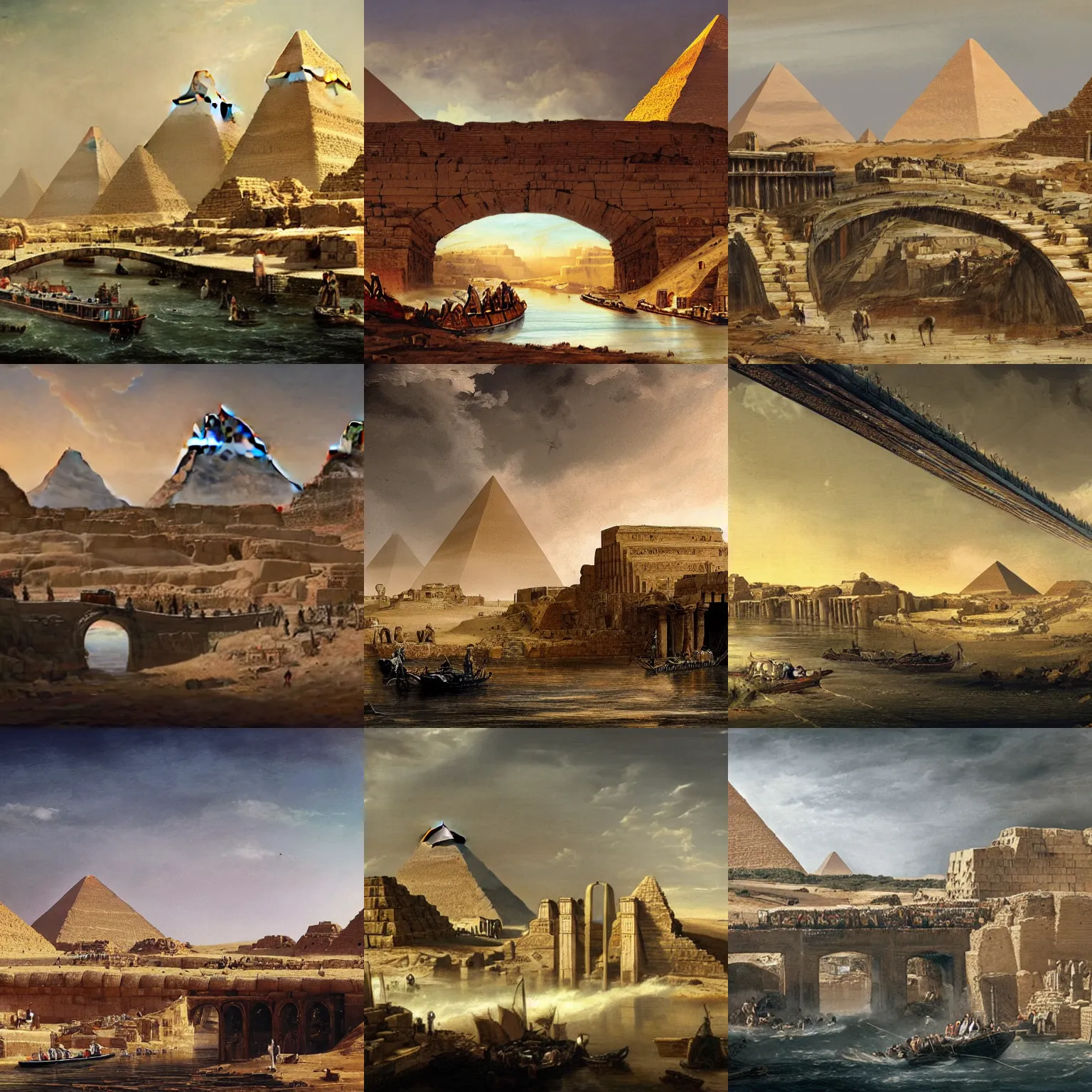 Prompt: Concept art, an elevated overflowing roman viaduct, containing a canal boat, over a post-apocalyptic pyramids of Giza