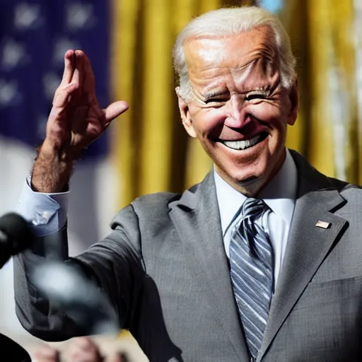 Image similar to archival photograph of joe biden standing over destruction and laughing with his hands in the air