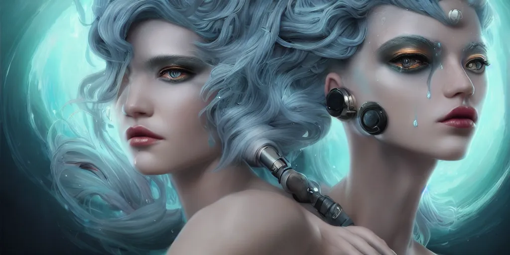 Image similar to a photorealistic seapunk portrait of a gorgeous cyborg with shadowy eyes and bonewhite hair, with black glossy lips, hyperrealistic, masterpiece, award - winning, 8 k, in the style of nekro, tom bagshaw, cedric peyravernay, peter mohrbacher