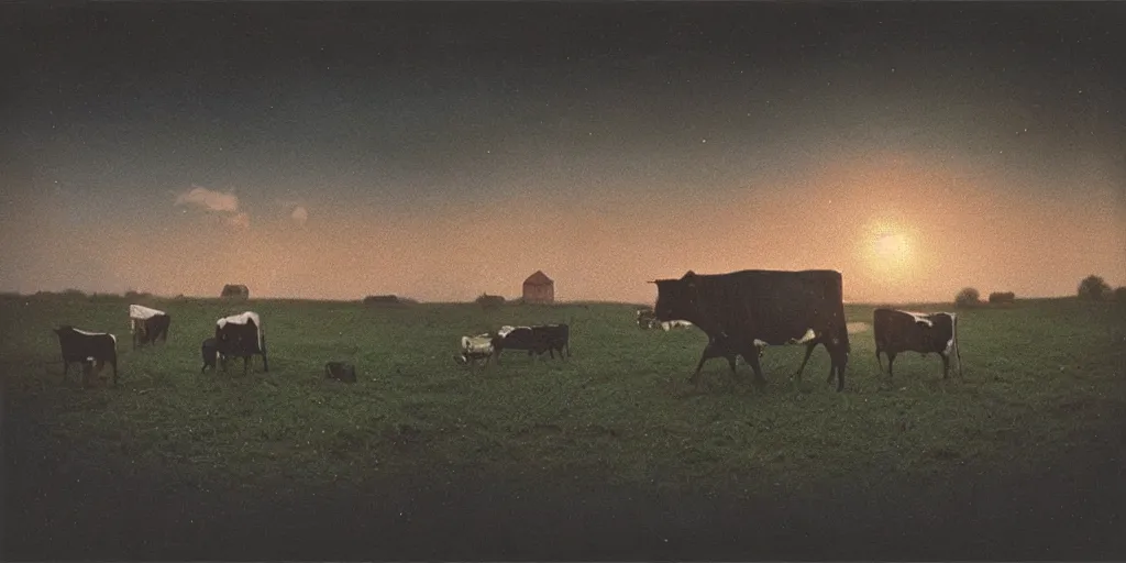 Image similar to detailed medium format photo, polaroid still from tarkovsky movie, a ufo beaming up a cow, at dusk near a small farmhouse, haze, high production value, intricate details, 8 k resolution, hyperrealistic, hdr, photorealistic, high definition, tehnicolor, award - winning photography, masterpiece, amazing colors