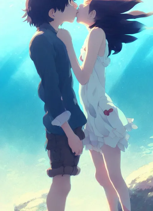 Prompt: boy and girl kiss underwater. illustration concept art anime key visual trending pixiv fanbox by wlop and greg rutkowski and makoto shinkai and studio ghibli