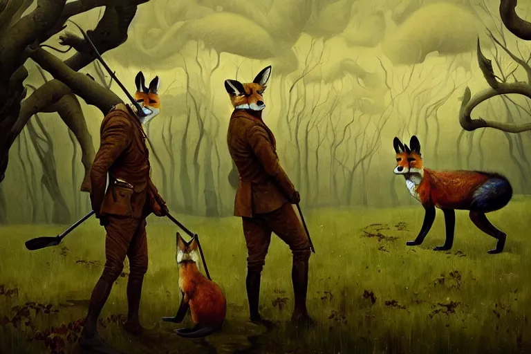 Image similar to ( ( a beautiful masterpiece painting ) a english fox hunter and a monster in a hunting lodge ( by ( barloe ) and ( anato finnstark ) and ( greg rutkowski ) and ( ) and i ( francis picabia ) ) ( camouflage ) ( hyperrealism ) ( trending on artstation )