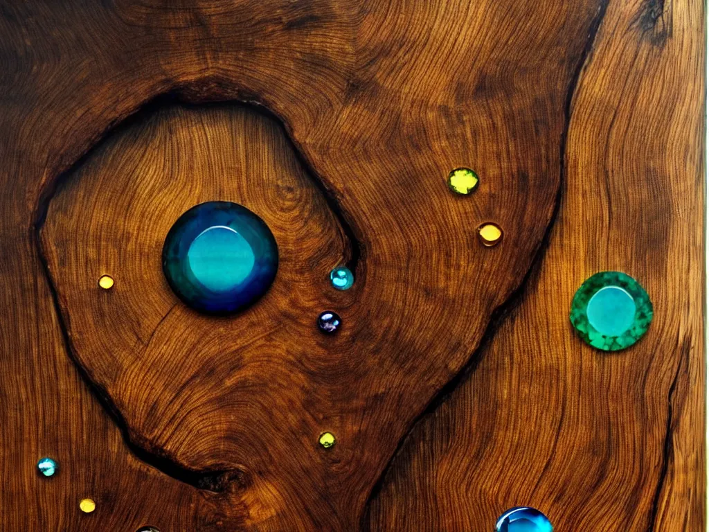 Prompt: gemstones embedded in wood, trending on deviantart, neo surrealism, sharp focus, octane, masterpiece, art by max ernst