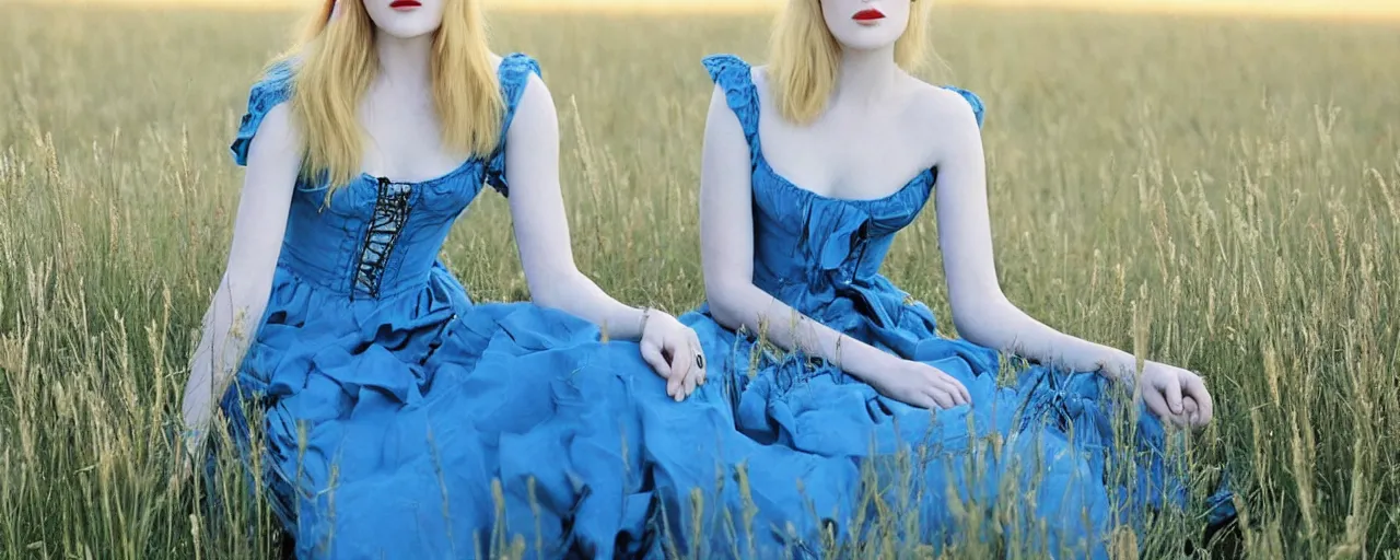 Image similar to evan rachel wood with blonde hair and a maiden blue dress in a field, old west