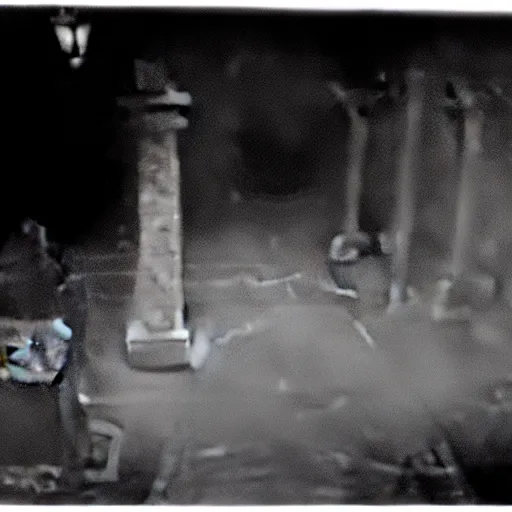 Image similar to cctv security cam grainy black and white footage of baron samedi in an spooky graveyard. baron samedi is wreathed in mist and shadow and is looking at the camera.