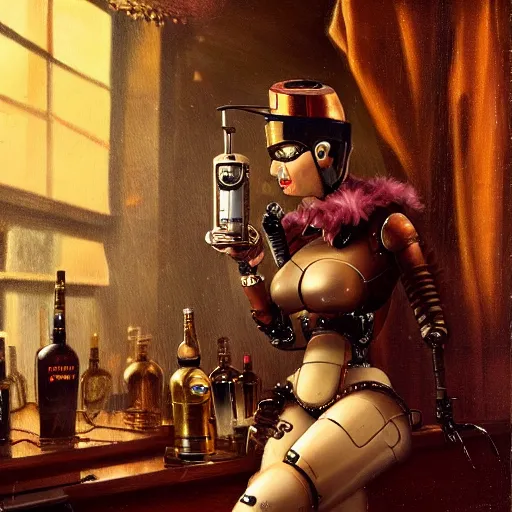 Prompt: a steampunk cyberpunk robot is at the bar and orders a drink from a TY beanie baby puppy (fluffy), cgsociety, old master.