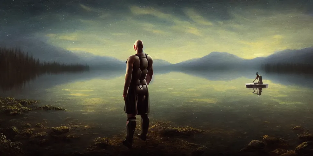 Image similar to beautiful landscape of small lake at night with distant mountains and close - up of a bald symmetric man in futuristic armor, ultra realistic, highly detailed, hd, sharp focus, cinematic lighting, realistic, vivid colors, painting, digital art, non blurry, sharp