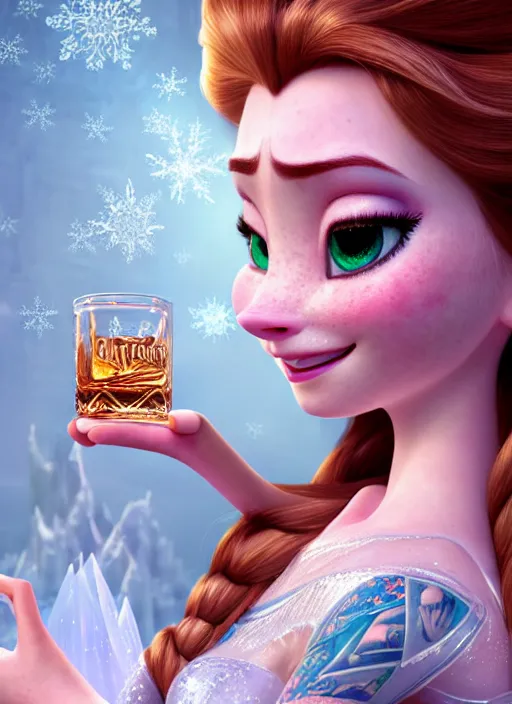 Image similar to highly detailed closeup portrait of tattooed princess elsa drinking whisky, unreal engine, nicoletta ceccoli, mark ryden, lostfish, earl norem, global illumination, god rays, detailed and intricate environment