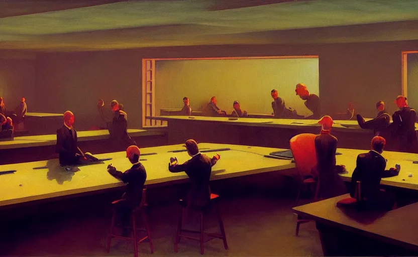 Prompt: Inside a Nuclear war room, very coherent, painted by Edward Hopper, Wayne Barlowe, painted by James Gilleard, airbrush, art by James and Jean Ross Tran