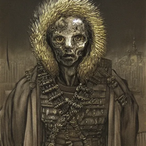 Prompt: exhausted mutant byzantine Aztec French Revolution city guardsman with black and white fur covering entire face standing in streets of art deco city, surreal socialist realist illustration by Beksinski and Rembrandt and Yoshitaka Amano