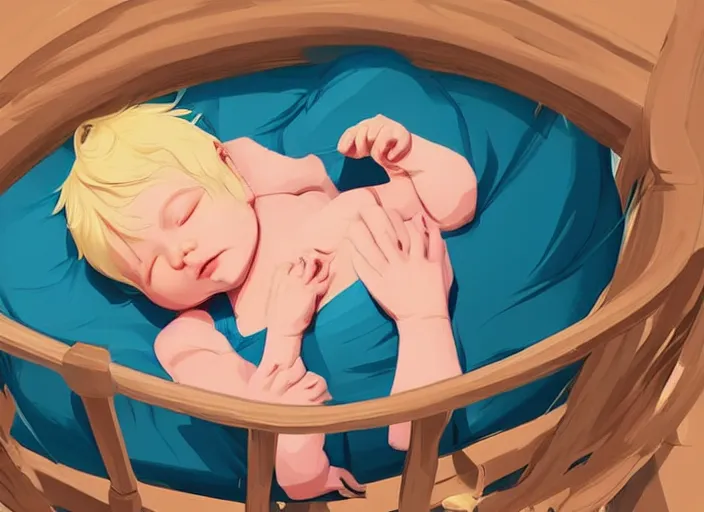 Image similar to a newborn baby with blonde hair sleeping in a crib. clean cel shaded vector art. shutterstock. behance hd by lois van baarle, artgerm, helen huang, by makoto shinkai and ilya kuvshinov, rossdraws, illustration, art by ilya kuvshinov