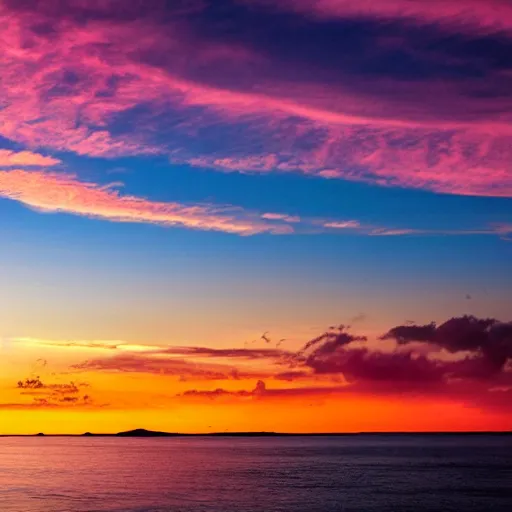 Image similar to Photo of the middle of the ocean, tiny islands made of sand and sandbars, a couple of palm trees, sunset, pink clouds, dreamy, enchanting, ultrarealistic, establishing shot