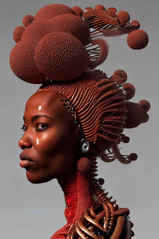 Prompt: complex 3d render, hyper detailed, ultrasharp, fascinating biomechanical afro female cyborg with a porcelain profile face, massai warrior, red hair, analog, 150 mm lens, beautiful natural soft rim light, big leaves and stems, roots, fine foliage lace, Alexander Mcqueen high fashion haute couture, pearl earring, art nouveau fashion embroidered, steampunk, silver filigree details, liquid simulation, hexagonal mesh wire, mandelbrot fractal, anatomical, facial muscles, cable wires, microchip, elegant, hyper realistic, ultra detailed, octane render, H.R. Giger style, volumetric lighting, 8k post-production