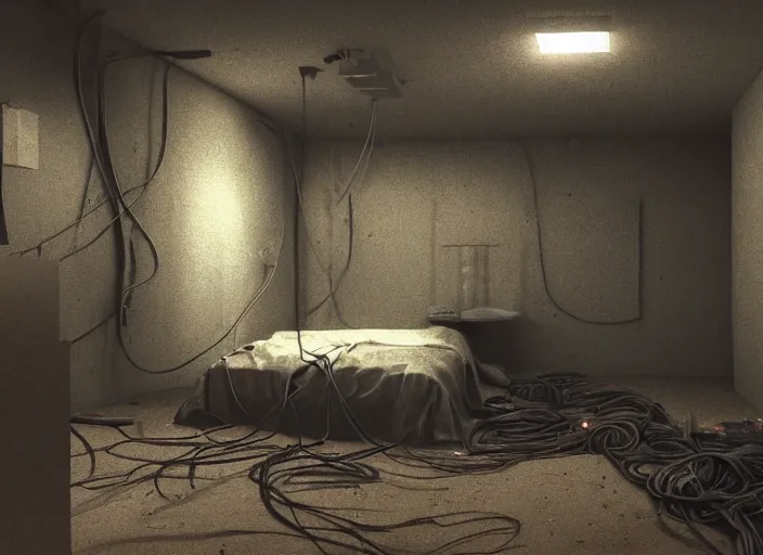 Image similar to rgb wires, basement, cinematic, movie scene, inspired by zdzislaw beksinski, veins,, cables everywhere, bedroom, ultra realistic, concept art, intricate details, highly detailed, photorealistic, octane render, 8 k