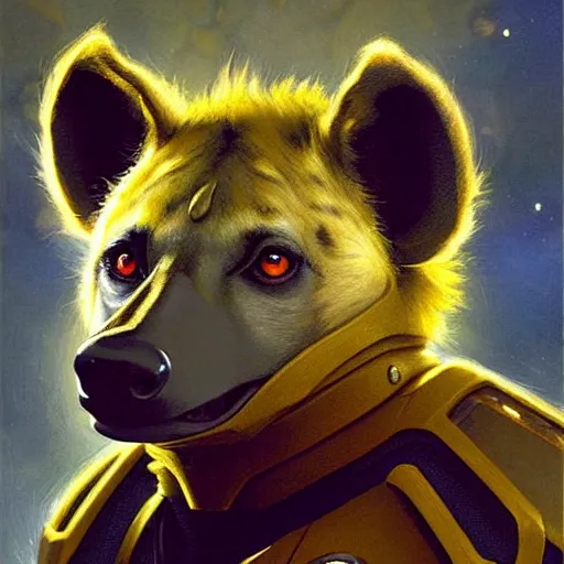 Image similar to a portrait of a hyena hyenaman canine star trek in a starfleet uniform chief engineer. cinematic zootopia fursona furaffinity furry art detailed face painting by gaston bussiere craig mullins jc leyendecker gustav klimt artgerm greg rutkowski furry