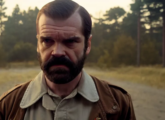 Image similar to film still of jim hopper as joyce byers in stranger things, 8 k