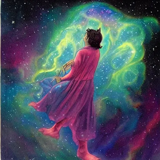 Image similar to Wizard floating through a nebula pondering their orb, highly detailed, featured