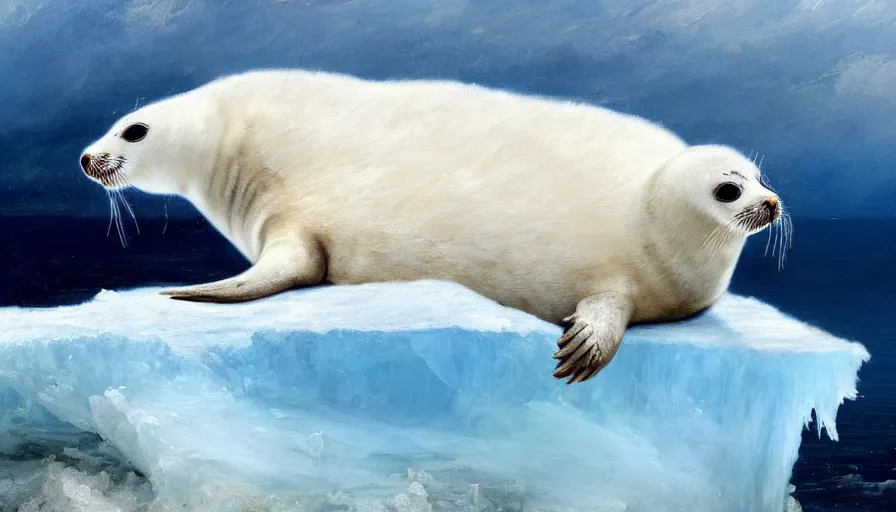 Prompt: highly detailed painting of cute furry white baby seal with antlers cuddling into each other on a blue and white iceberg by william turner, by greg rutkowski, by william constable, thick brush strokes and visible paint layers, 4 k resolution