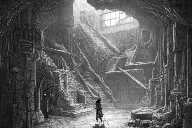 Image similar to black and white one point perspective refinery dungeon cozy fantasy dungeon hallway view with pit in the middle of the ground by artgerm and Craig Mullins, James Jean, Andrey Ryabovichev, Mark Simonetti and Peter Morbacher 16k