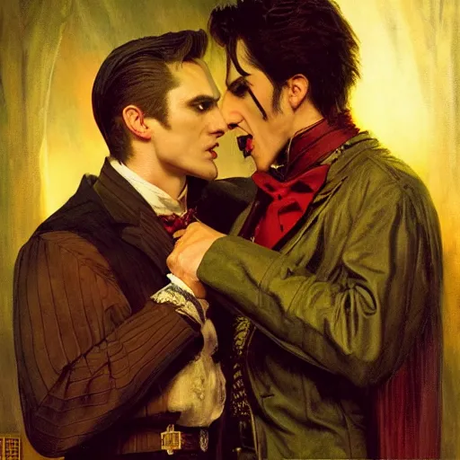 Image similar to attractive male, arthur pendragon confesses his love to attractive male dracula the vampire. highly detailed painting by gaston bussiere, craig mullins, j. c. leyendecker 8 k