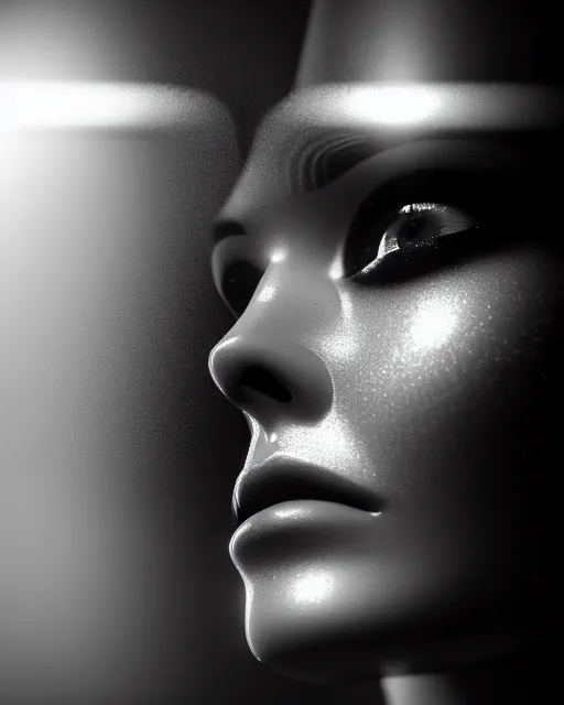 Prompt: black and white high quality photo of a beautiful female AI cyborg looking into a sci-fi mirror, volumetric lighting, liminal space, brutalism, foggy, dreamy, hyperdetailed, bokeh, photorealistic, cinematic, masterpiece, Metropolis, elegant, dark, octane render, 8K, in the style of H.R. Giger