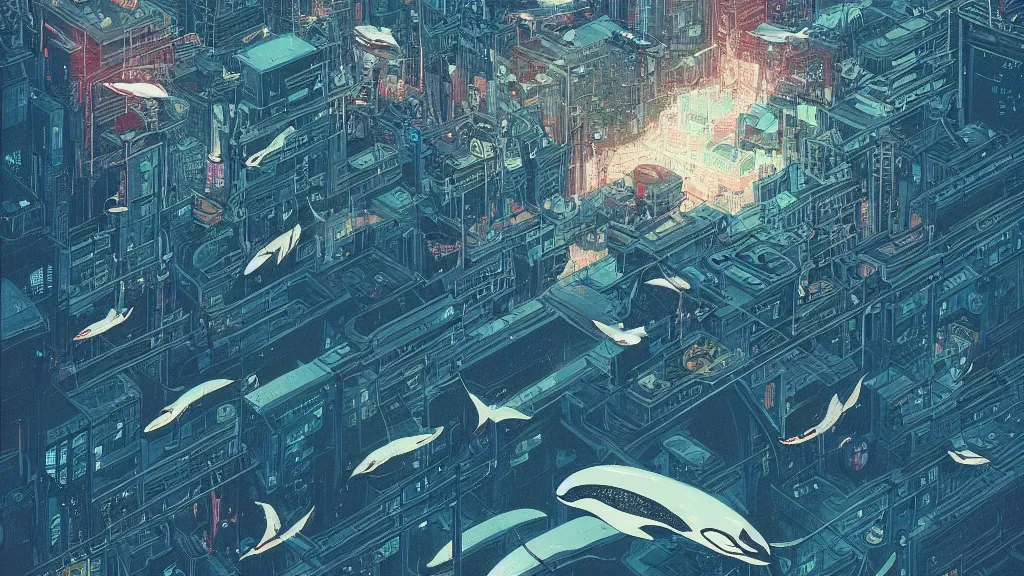 Image similar to highly detailed illustration of a pod of orcas flying over a cyberpunk city at night by kilian eng, moebius, nico delort, oliver vernon, joseph moncada, damon soule, manabu ikeda, 4 k resolution