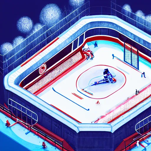 Prompt: Hockey arena game illustration, aerial view, isometric, Blizzard, EASports, intricate, elegant, highly detailed, digital painting, artstation, concept art, smooth, sharp focus, brightly lit cinematic soft lighting, photorealistic