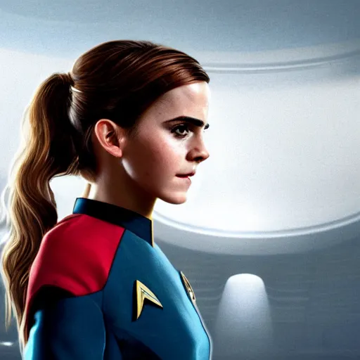 Image similar to a portrait of emma watson as a star fleet officer from star trek next generation, ultra rendered extreme realism and detail, 8 k, highly detailed, realistic, completely framed, pbr, surreal, hyper realistic, colorful, direct lighting, 3 5 mm photo, photorealistic, sharp focus