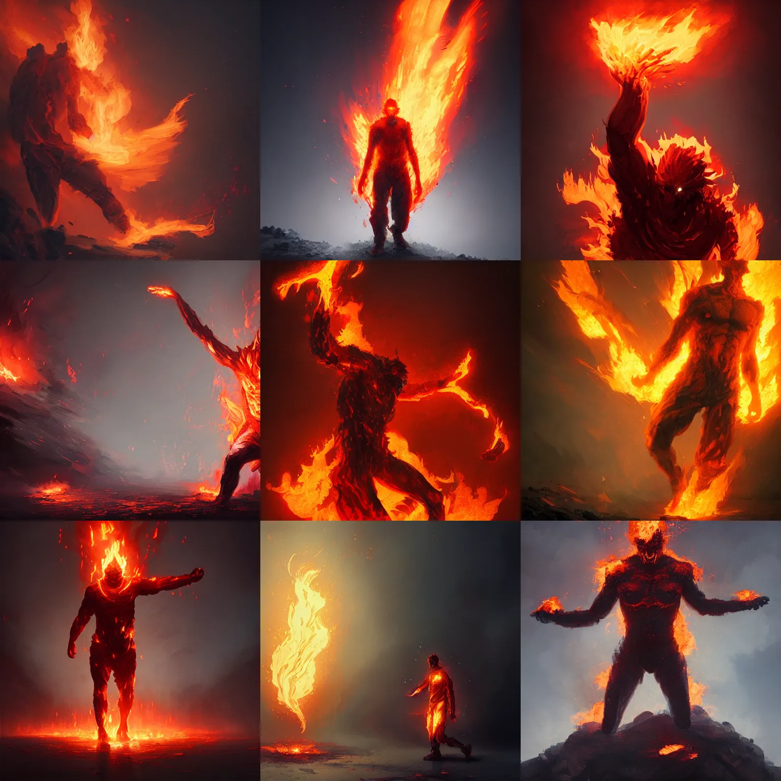 Prompt: fire elemental man made of flames and smoke, arms raised, infernal atmosphere, detailed, concept art, smooth, sharp focus, illustration, greg rutkowski