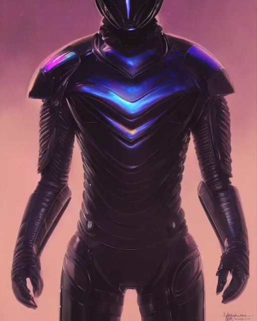 Image similar to iridescent sinewy smooth muscular male sleek glossy black pearlescent scifi armor with smooth black featureless helmet, by greg rutkowski, mark brookes, jim burns, tom bagshaw, magali villeneuve, trending on artstation