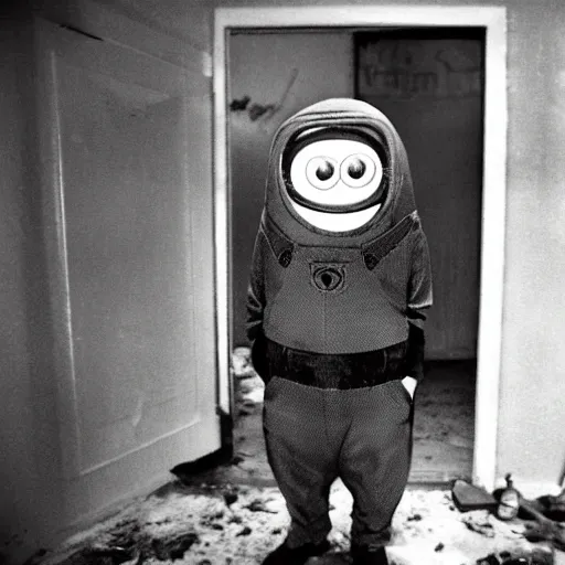 Image similar to realistic photograph of a creepy evil minion, if it were a real person, accidentally caught on camera in a old house, in the 8 0's